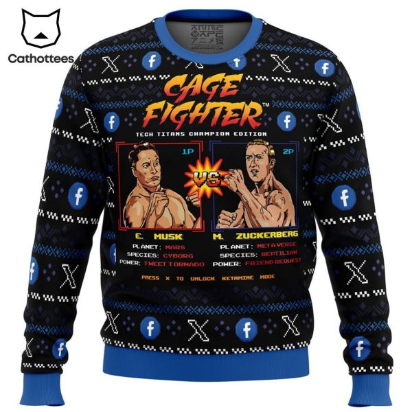 Cage Fighter Elun Mask vs.Mark Zuckerberg Funny Pop Culture Ugly Christmas Sweater