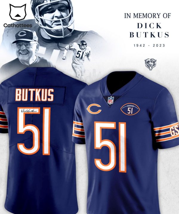 In The Memory Of Dick Butkus 1942-2023 NFL 51 Logo Design Blue Jersey