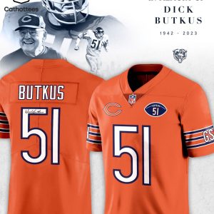 In The Memory Of Dick Butkus 1942-2023 NFL 51 Logo Design Orange Jersey