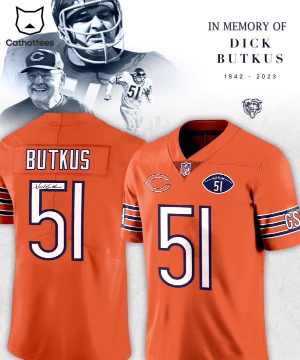 In The Memory Of Dick Butkus 1942-2023 NFL 51 Logo Design Orange Jersey