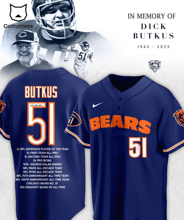 In The Memory Of Dick Butkus Bears 1942-2023 NFL 51 Logo Design Blue Baseball Jersey