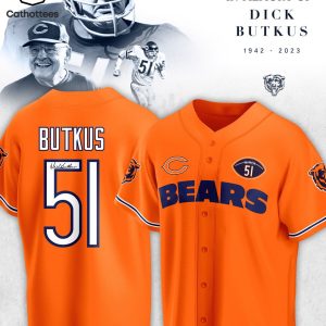 In The Memory Of Dick Butkus Bears 1942-2023 NFL 51 Logo Design Orange Baseball Jersey