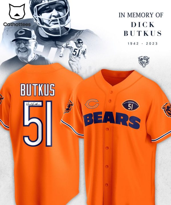 In The Memory Of Dick Butkus Bears 1942-2023 NFL 51 Logo Design Orange Baseball Jersey