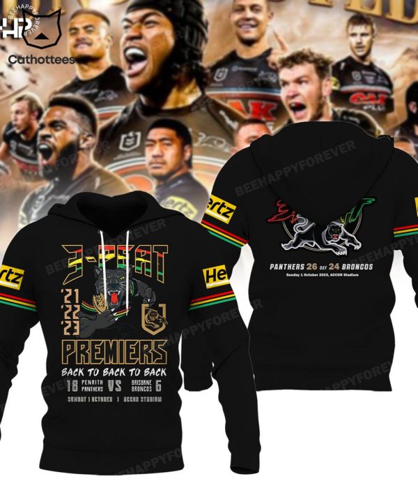 Penrith Panthers 3-Peat Back To Back To Back 2023 Premiers Mascot Design 3D Hoodie