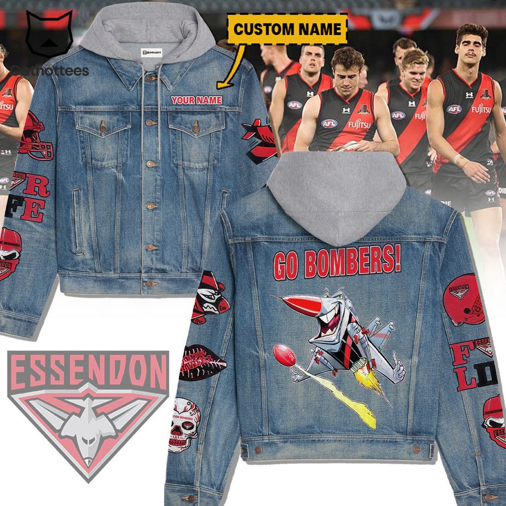 Personalized AFL Essendon Go Bombers Super Face Design Hooded Denim Jacket