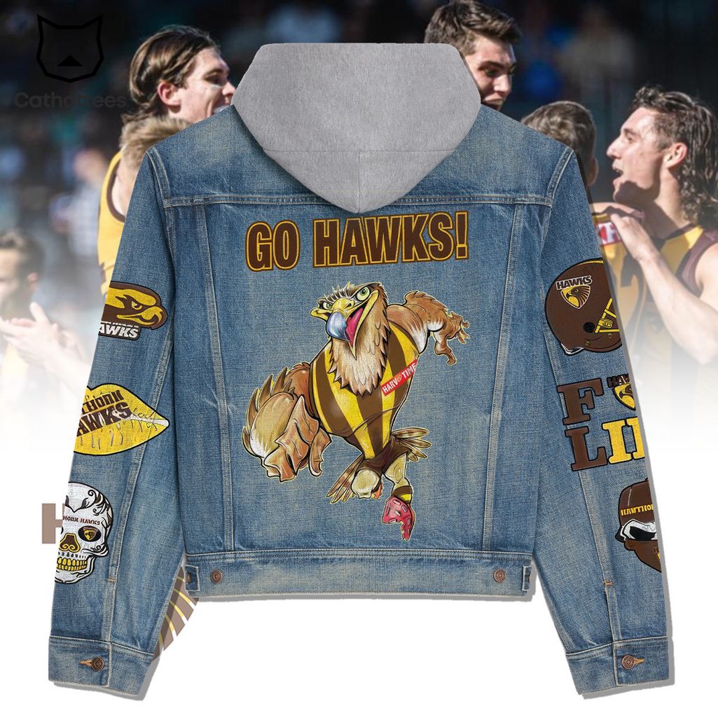 Personalized AFL Go Hawks Mascot Golden Brown Design Hooded Denim Jacket