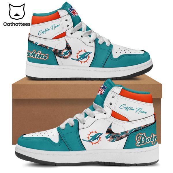 Personalized Miami Dolphins White Blue Trim Nike Logo Design Air Jordan 1 High Top