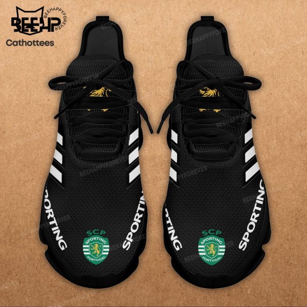 Sporting Lisbon Black Mesh Shoes With White Stripes Logo Design Max Soul Shoes