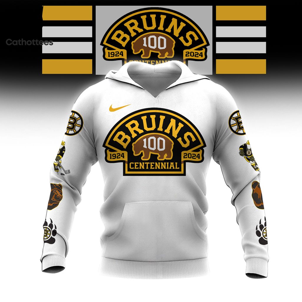 Boston Bruins 100 Centennial White NHL Logo Design 3D Hoodie