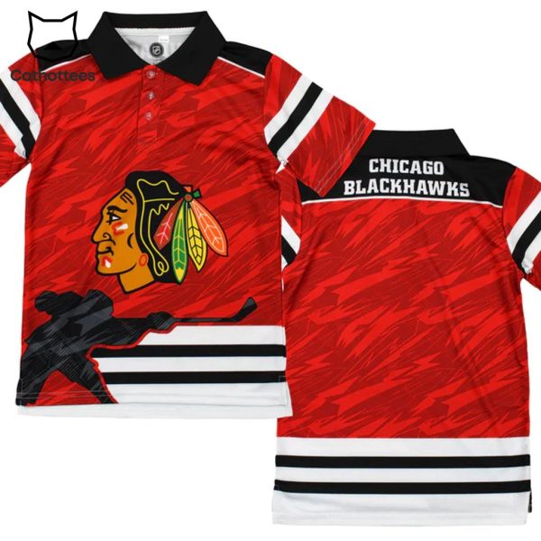 Chicago Blackhawks Red Black Design Sleeve 3D Polo Shirt