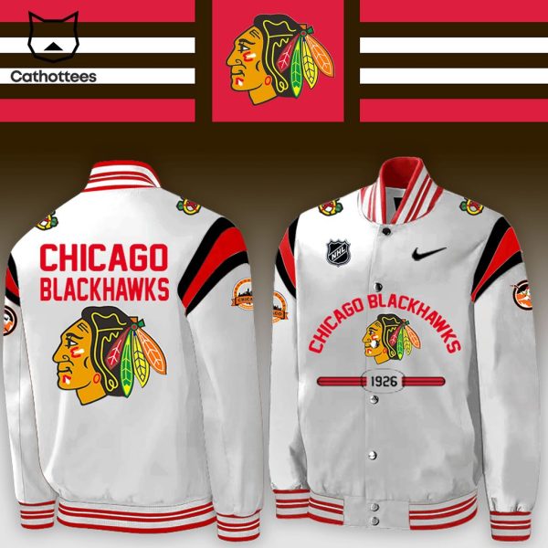 Chicago Blackhawks White NHL Logo Design Baseball Jacket