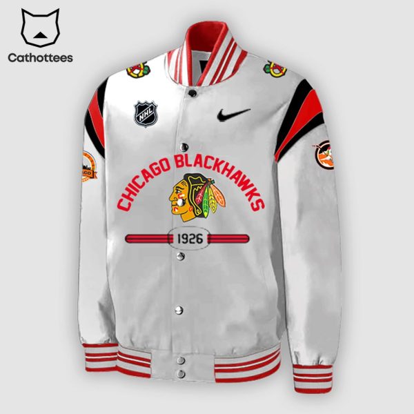 Chicago Blackhawks White NHL Logo Design Baseball Jacket