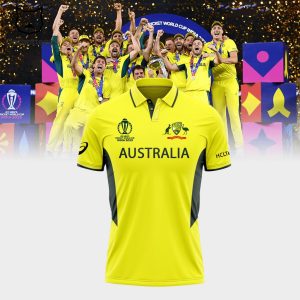 Men’s Cricket Team Champions ICC World Cup 2023 Australian Yellow Mascot Design 3D Polo Shirt