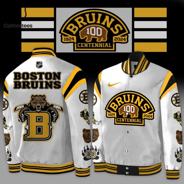 National Hockey League Boston Bruins 100 Centennial White Mascot Deisgn Baseball Jacket