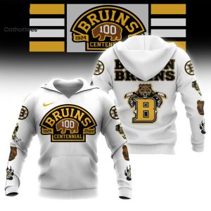 NHL Boston Bruins 100 Centennial White Mascot Design On Sleeve 3D Hoodie