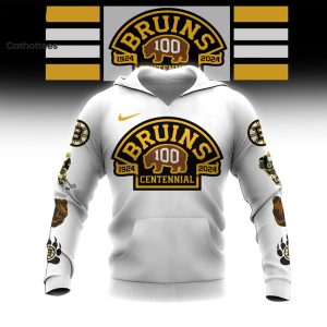 NHL Boston Bruins 100 Centennial White Mascot Design On Sleeve 3D Hoodie