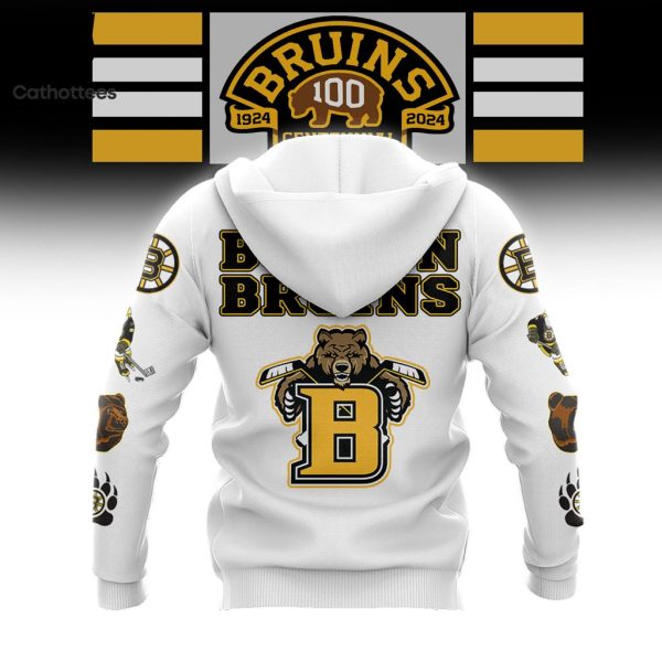 NHL Boston Bruins 100 Centennial White Mascot Design On Sleeve 3D Hoodie