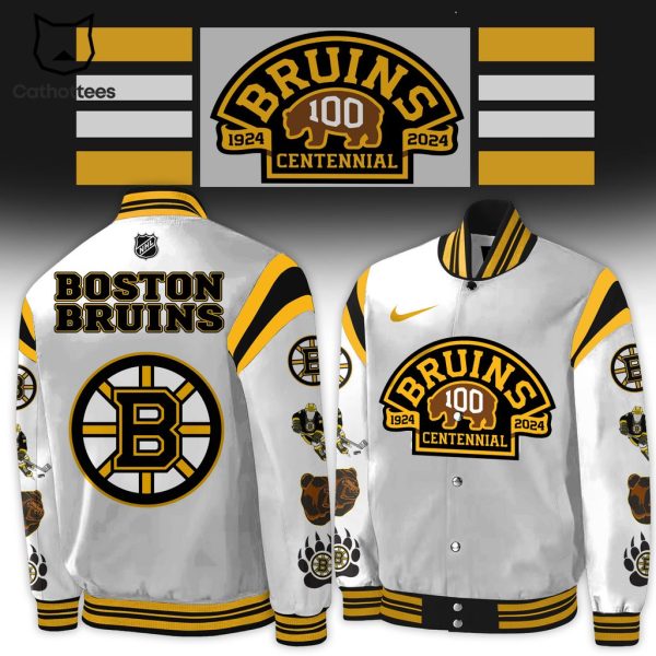 NHL Boston Bruins 1924-2024 Centennial White Nike Logo Design Baseball Jacket