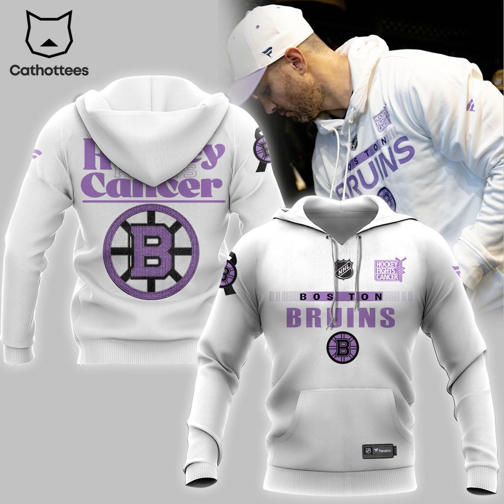 NHL Boston Bruins Hockey Fights Cancer Logo White Design 3D Hoodie