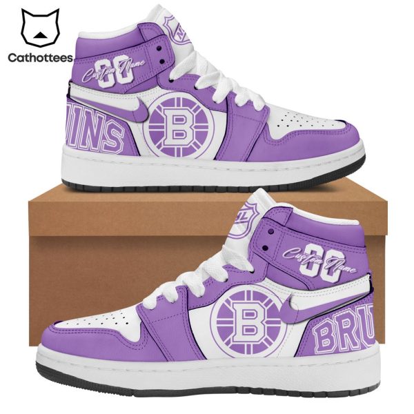 NHL Boston Bruins Hockey Fights Cancer Nike Logo Purple White Design Air Jordan 1 High Top
