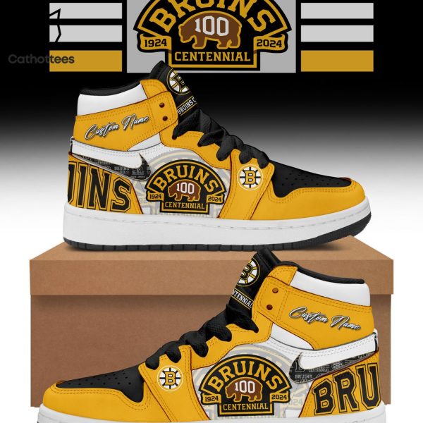 NHL Bruins Centennial 100 Nike Logo Yellow Black  Design Air Jordan 1 High Top