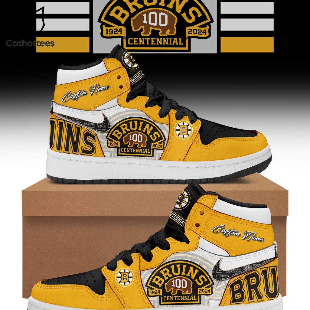 NHL Bruins Centennial 100 Nike Logo Yellow Black  Design Air Jordan 1 High Top