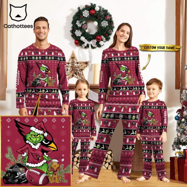 Personalized Arizona Cardinals Pajamas Grinch Christmas And Sport Team Red Mascot Design Pajamas Set Family