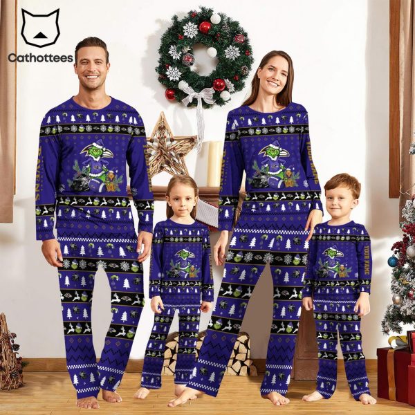 Personalized Baltimore Ravens Pajamas Grinch Christmas And Sport Team  Blue Mascot Design Pajamas Set Family