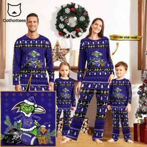 Personalized Baltimore Ravens Pajamas Grinch Christmas And Sport Team  Blue Mascot Design Pajamas Set Family