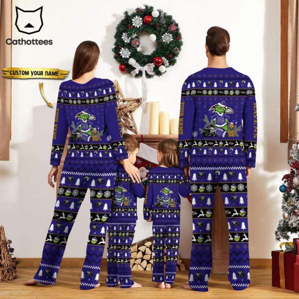 Personalized Baltimore Ravens Pajamas Grinch Christmas And Sport Team  Blue Mascot Design Pajamas Set Family