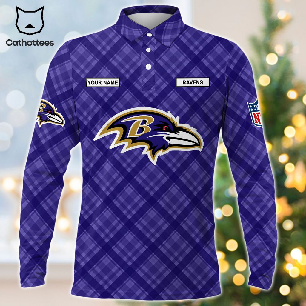 Personalized Baltimore Ravens Purple Logo Design Long Sleeve Polo Shirt