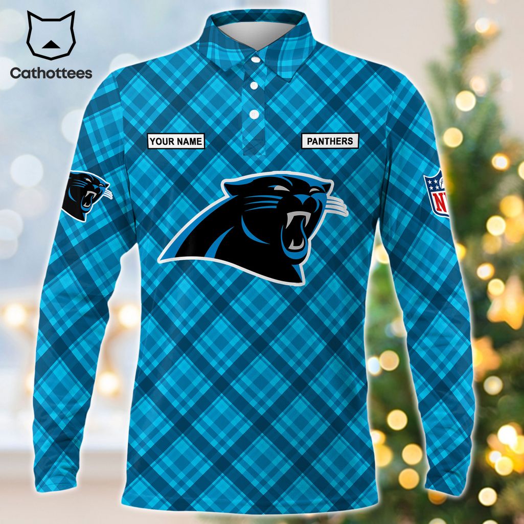 Personalized Carolina Panthers Blue Logo Design Long Sleeve Polo Shirt