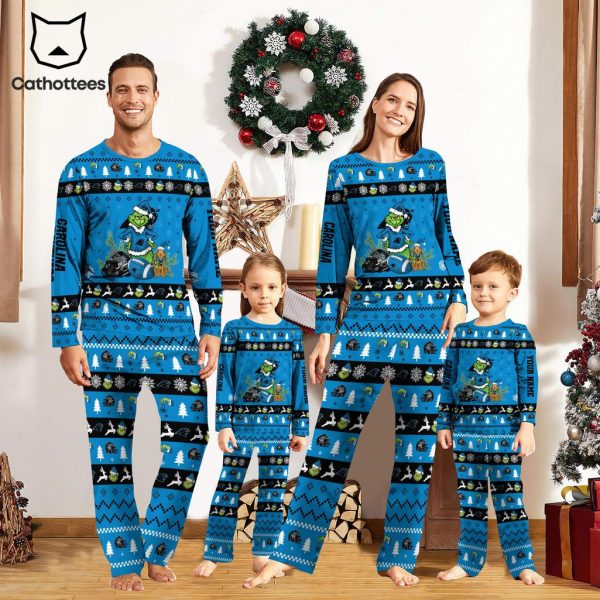 Personalized Carolina Panthers Pajamas Grinch Christmas And Sport Team Mascot Blue Design Pajamas Set Family