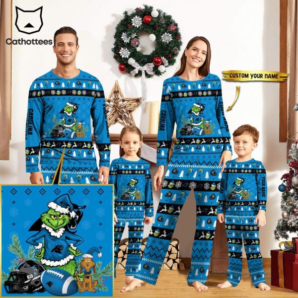 Personalized Carolina Panthers Pajamas Grinch Christmas And Sport Team Mascot Blue Design Pajamas Set Family