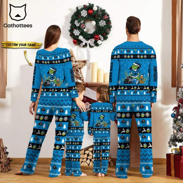 Personalized Carolina Panthers Pajamas Grinch Christmas And Sport Team Mascot Blue Design Pajamas Set Family