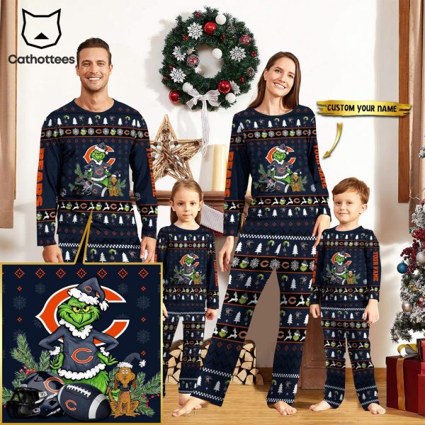 Personalized Chicago Bears Pajamas Grinch Christmas And Sport Team Mascot Blue Design Pajamas Set Family