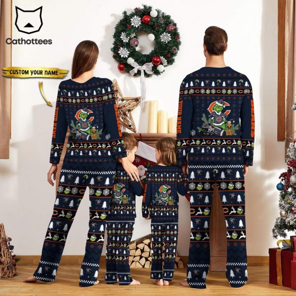 Personalized Chicago Bears Pajamas Grinch Christmas And Sport Team Mascot Blue Design Pajamas Set Family