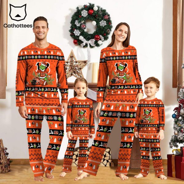 Personalized Cincinnati Bengals Pajamas Grinch Christmas And Sport Team Mascot Orange Design Pajamas Set Family