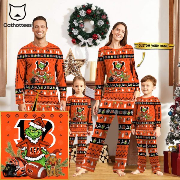 Personalized Cincinnati Bengals Pajamas Grinch Christmas And Sport Team Mascot Orange Design Pajamas Set Family