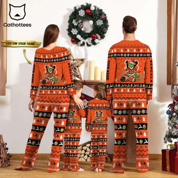 Personalized Cincinnati Bengals Pajamas Grinch Christmas And Sport Team Mascot Orange Design Pajamas Set Family