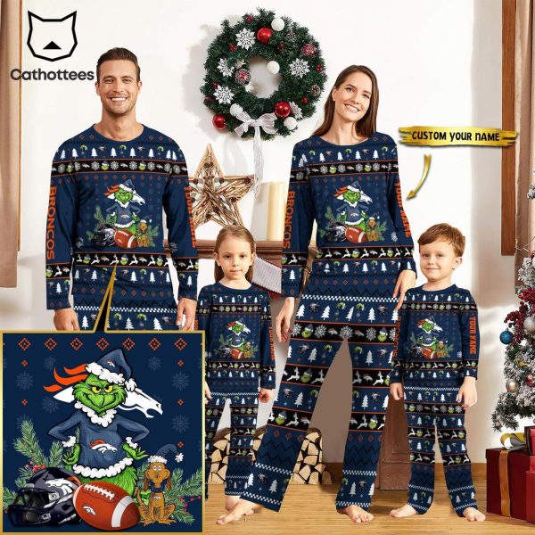 Personalized Denver Broncos Pajamas Grinch Christmas And Sport Team Mascot Blue Design Pajamas Set Family