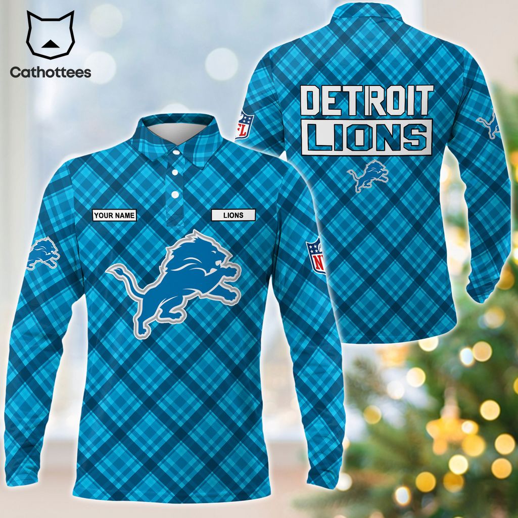 Personalized Detroit Lions Blue Logo Design Long Sleeve Polo Shirt