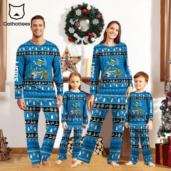 Personalized Detroit Lions Pajamas Grinch Christmas And Sport Team Blue Mascot Design Pajamas Set Family