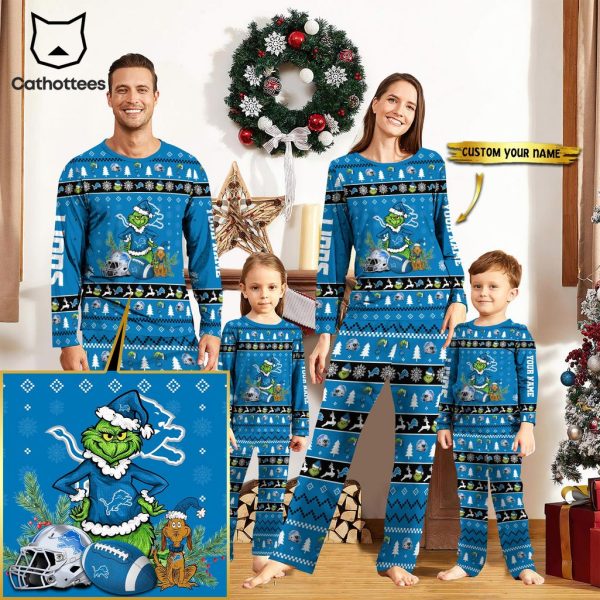 Personalized Detroit Lions Pajamas Grinch Christmas And Sport Team Blue Mascot Design Pajamas Set Family