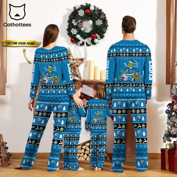 Personalized Detroit Lions Pajamas Grinch Christmas And Sport Team Blue Mascot Design Pajamas Set Family