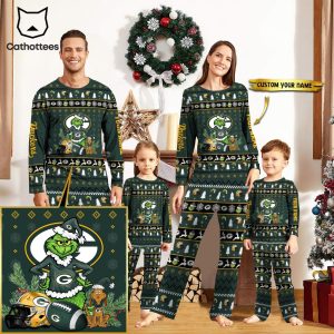 Personalized Green Bay Packers Pajamas Grinch Christmas And Sport Team Green Mascot Design Pajamas Set Family