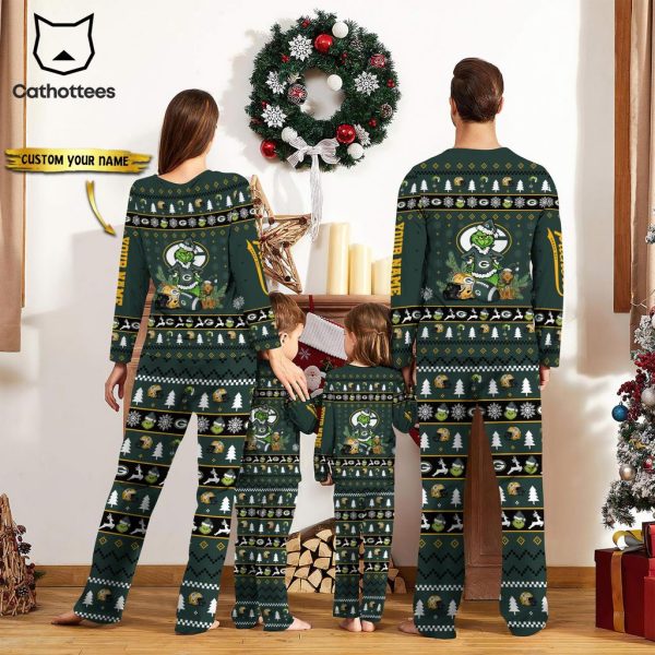 Personalized Green Bay Packers Pajamas Grinch Christmas And Sport Team Green Mascot Design Pajamas Set Family