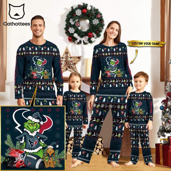 Personalized Houston Texans Pajamas Grinch Christmas And Sport Team Green Mascot Design Pajamas Set Family