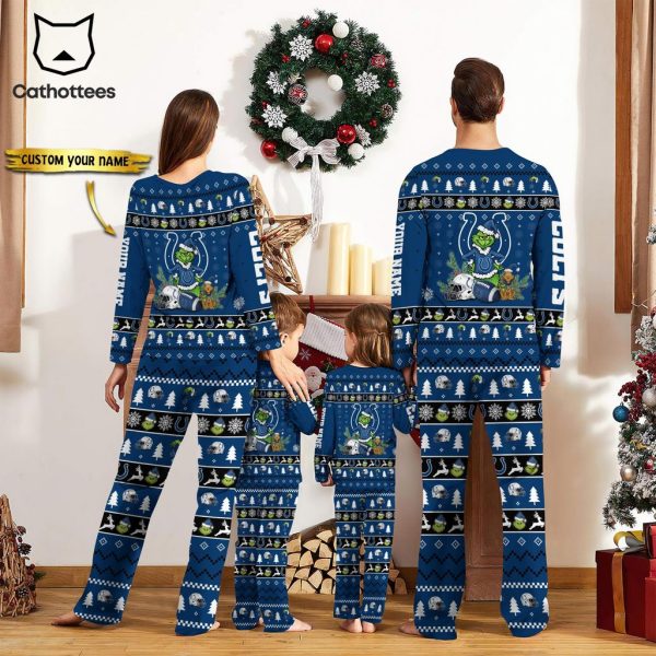 Personalized Indianapolis Colts Pajamas Grinch Christmas And Sport Team Mascot Blue Design Pajamas Set Family