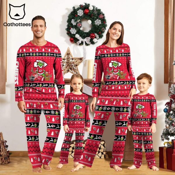 Personalized Kansas City Chiefs Pajamas Grinch Christmas And Sport Team Red Mascot Design Pajamas Set Family